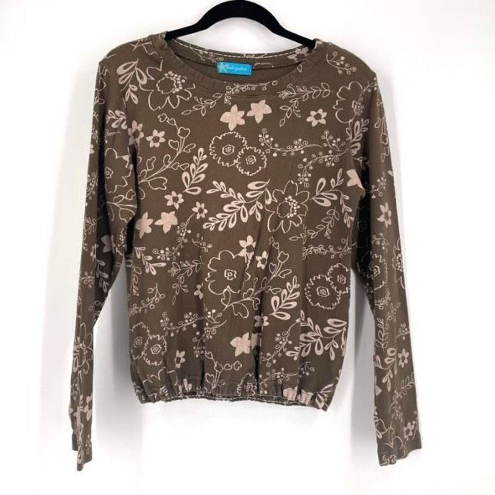 Fresh Produce Women's Floral Round Neck Long Sleeve‎ Top Blouse Brown Size Small